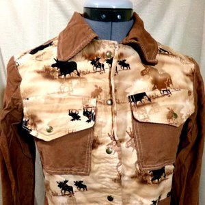 Western Snap up Shirt Jacket XS Brown Siennas Moose scene Corduroy Southwestern
